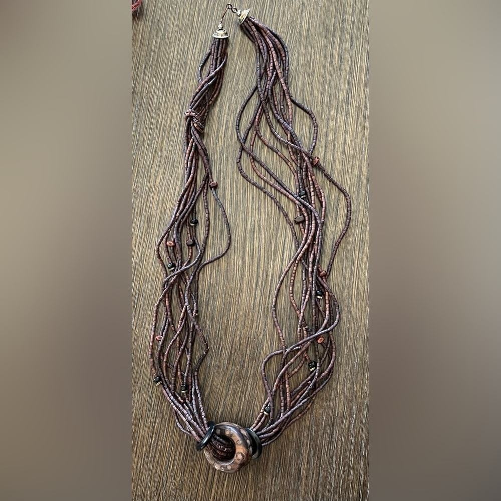 Handmade multistrand polished Wood necklace 16”